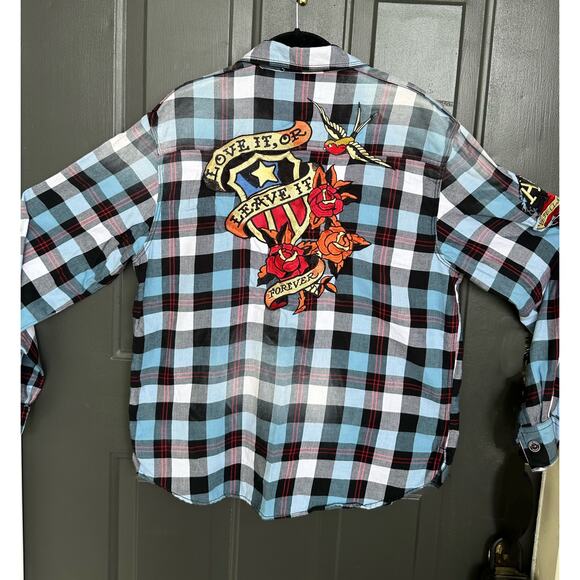 Pepe Jeans Vintage Commander LXXIII Men’s Plaid Checks Shirt Blue Embroidered XL - Picture 2 of 8